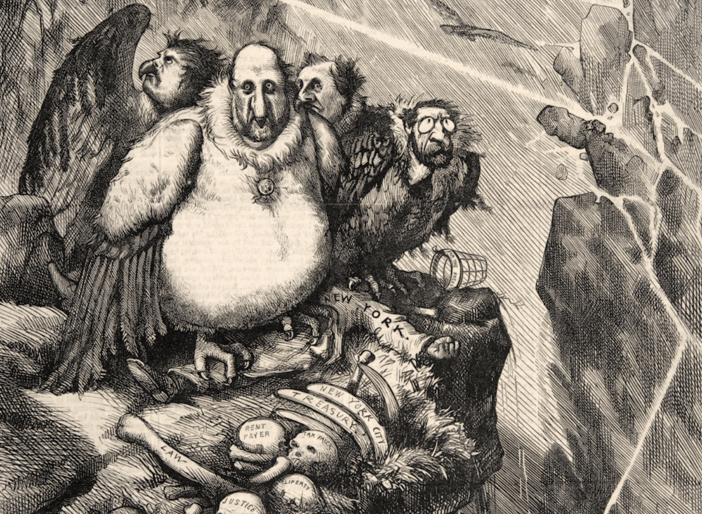 A Group of Vultures Waiting for the Storm to "Blow Over"--"Let Us Prey"&nbsp;by Thomas Nast,&nbsp;Wood engraving published in Harper's Weekly newspaper, September 23, 1871