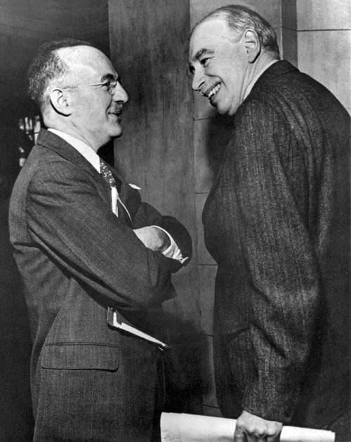 John Maynard Keynes and Harry Dexter White at first meeting of the new IMF Board of Governors, March 1946
