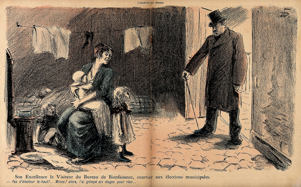 A politician out canvassing curses himself for climbing six floors to the room of a&nbsp;mother and her young offspring, none of whom are electorally valuable , by&nbsp;N. Dorville, c.1901. Iconographic Collections